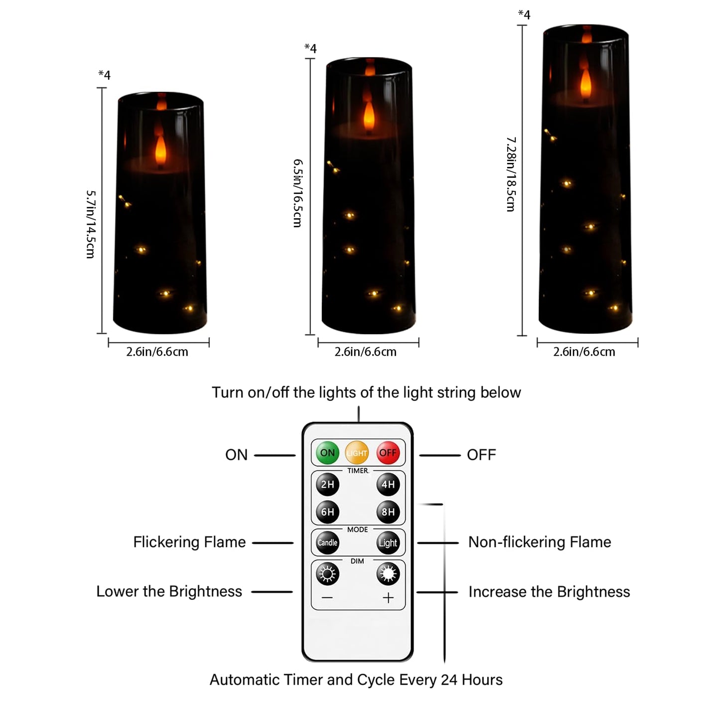Sasigeiaa Flameless Candles with Embedded Star String - Battery Operated LED Candles, with Remote,12 Black Flickering Candles for Christmas, Weddings, Home Decor & Party,(D 2.3"×H 5" 6" 7")