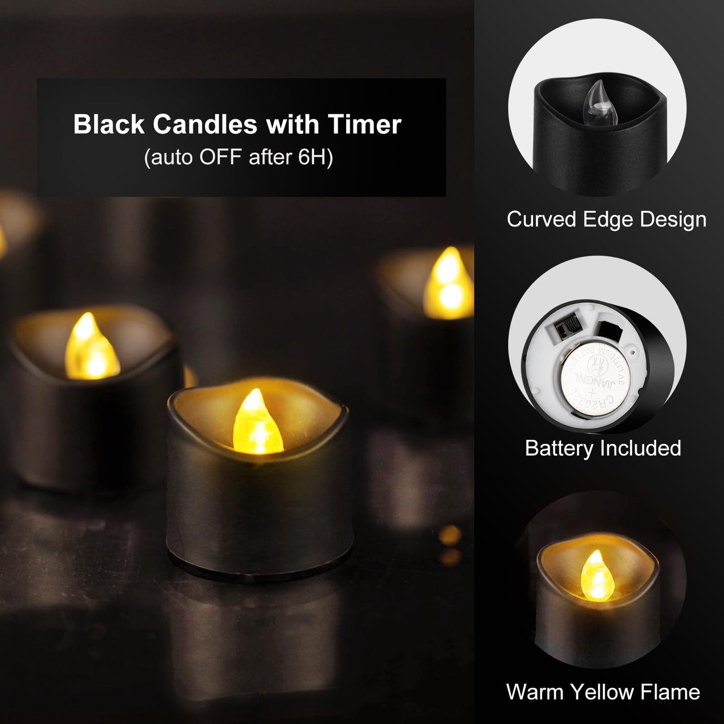 Windshell Black Tealight Candles with Auto 6H Timer (No Remote), Battery Operated LED Flameless Tea Lights, for Halloween Christmas Wedding, 12 Pack
