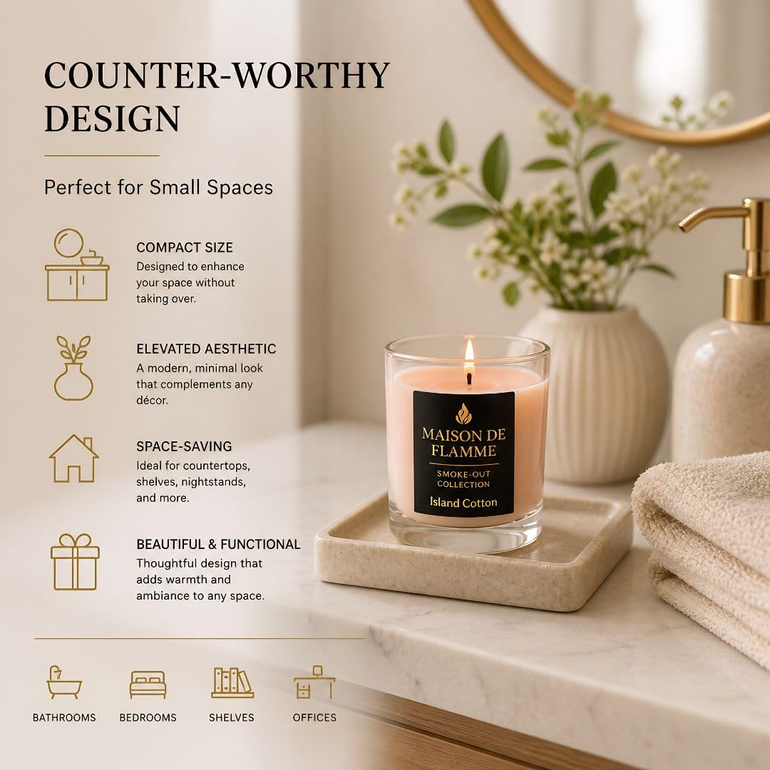 Fresh Linen Scented Candle, Soy Wax Candle for Bathroom, Powder Room & Bedroom, Up to 30 Hour Burn Time, Giftable, Sea Breeze Jasmine and Soft Musk Fragrance, Island Cotton, 5.3 oz – Maison De Flamme