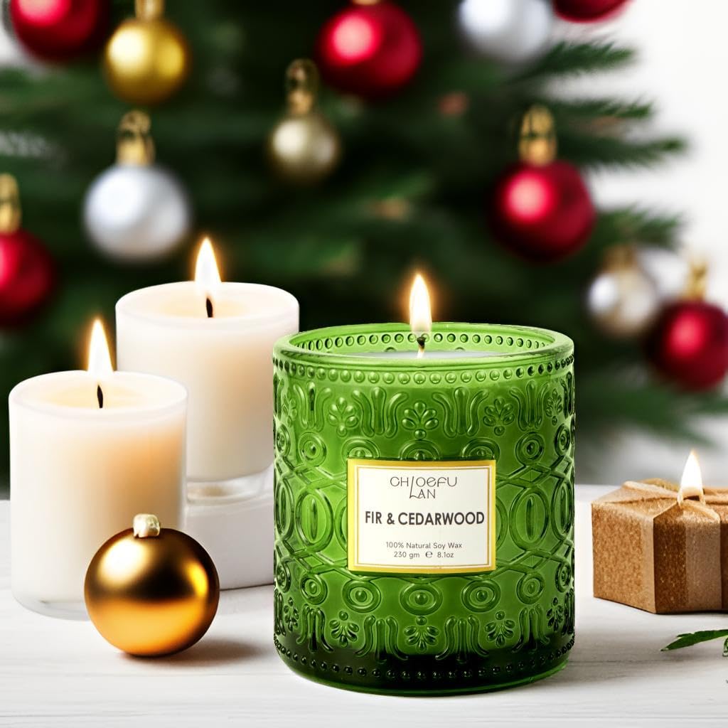 Chloefu LAN Fir & Cedarwood Scented Candle Gift, Christmas Festival Candles, Large Luxury Scented Soy Jar Candle with up to 55 Hour Long Lasting, Highly Scented, 8.1ozs