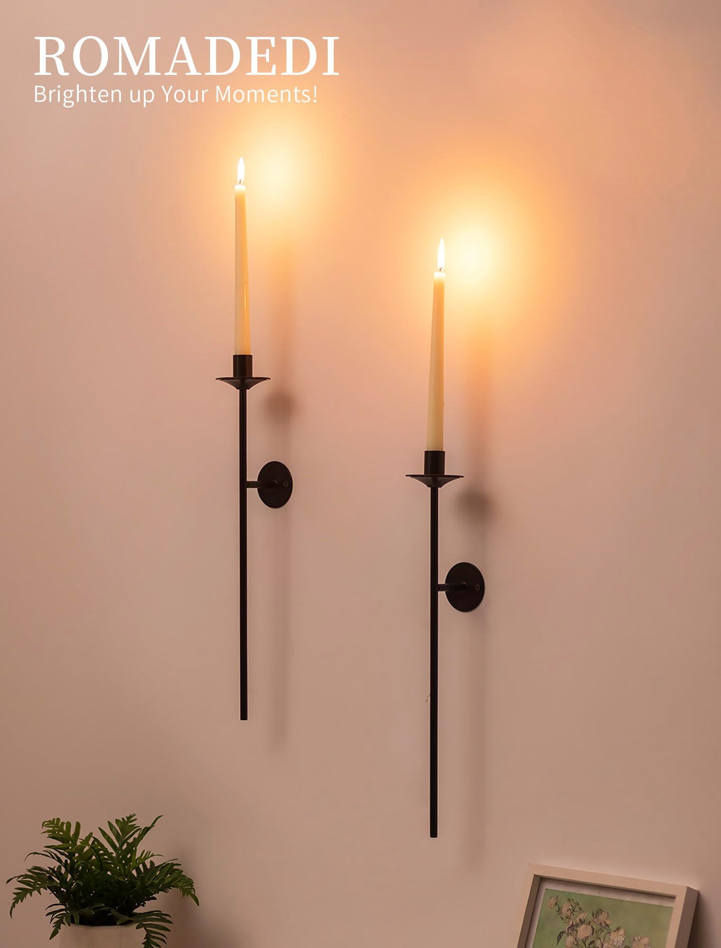 Romadedi Wall Candle Sconce Black - Set of 2 Mount Metal Wall Sconces for Candlestick Taper Holders for Farmhouse Living Room Mantel Fireplace Bathroom Office Decor