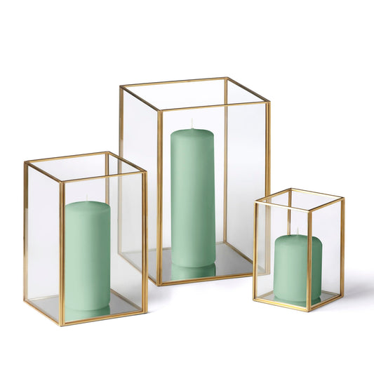 Yummi Set of 36 Slim Pillar Candles & Gold Luxus Lanterns - Sage