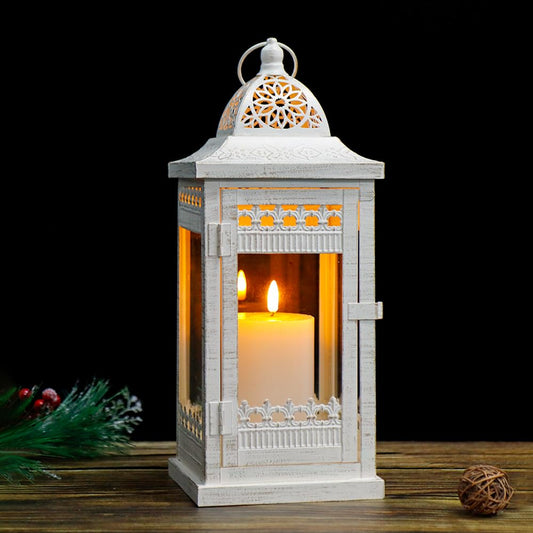 JHY DESIGN Decorative Candle Lanterns 14.5" High Vintage Style Hanging Lantern Metal Candleholder for Indoor Outdoor Events Parties and Weddings（Beige with Gold Brush）
