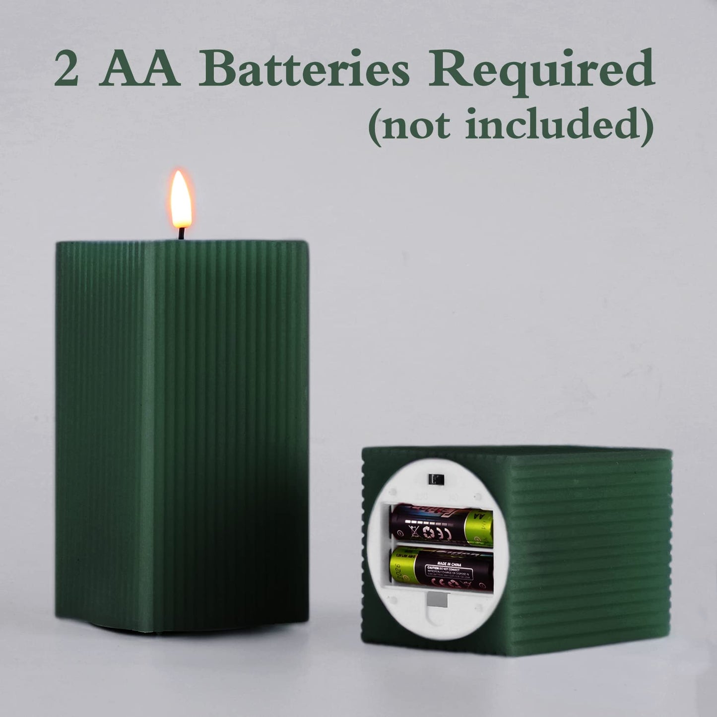 Girimax Dark Green Ribbed Flameless Candles with Remote, Battery Operated LED Square Candles Set of 2 Φ 3" H 4" 6"
