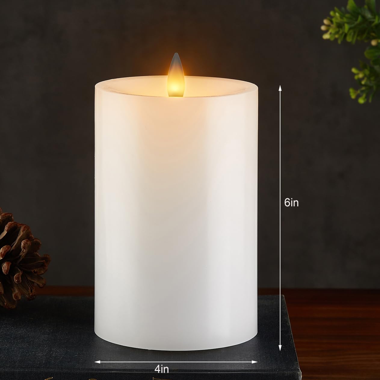 CozierGlow Flameless Pillar Candles Flickering with Remote Timer, Battery Operated LED Candles Up to 400 Hours, 3D Moving Flame Real Wax Candles, D4 x H6, Remote Included (White, 4inx6in)
