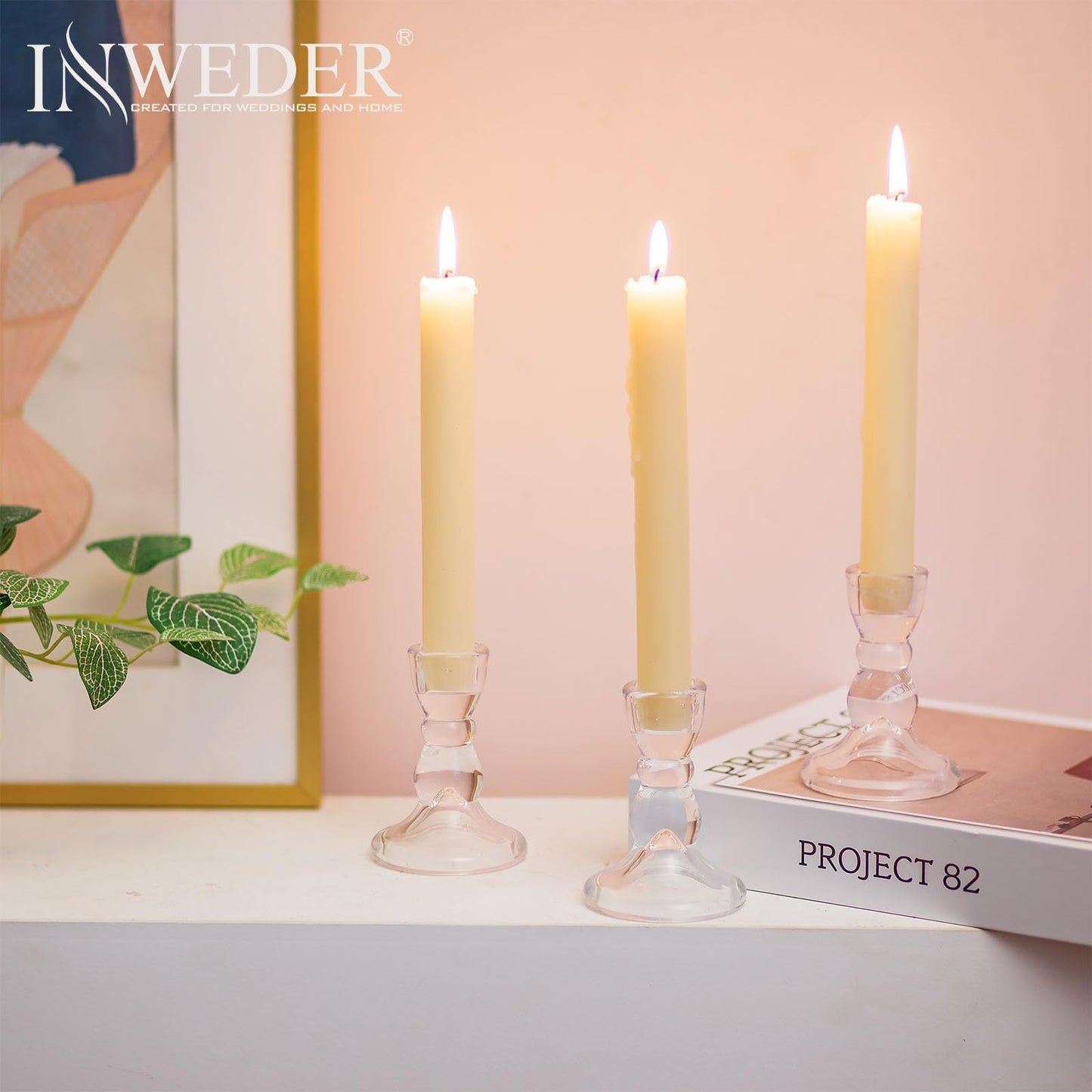 Inweder Glass Taper Candle Holders - Cute Candlestick Holders, 20Pcs Clear Candle Stick Candle Holder, Modern Tapered Candlestick Holders for Standard Candles for Wedding Christmas Home Decor