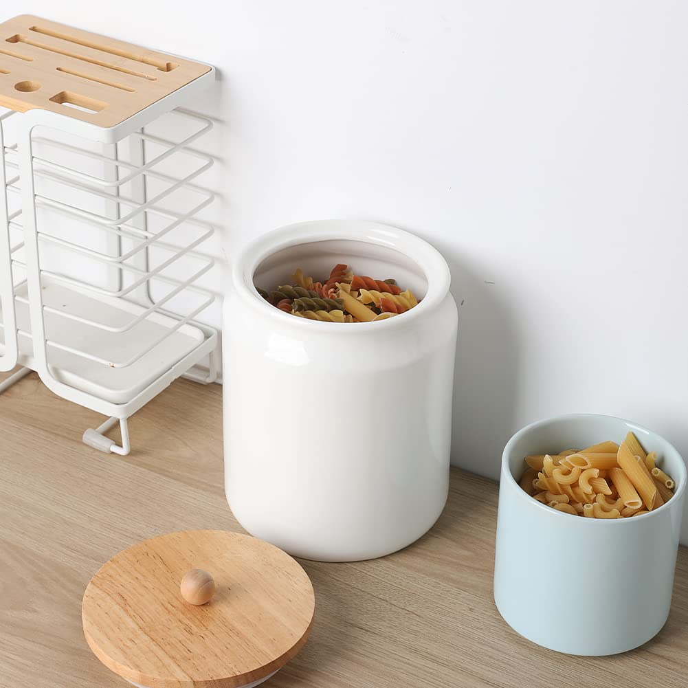 Sweejar 28 Fl oz Ceramic Kitchen Canisters, Porcelain Food Storage Jar with Airtight Seal Wooden Lid, Home Container Serving for Coffee Beans, Tea-leave, Sugar, Salt and More, Tool Bucket (White)