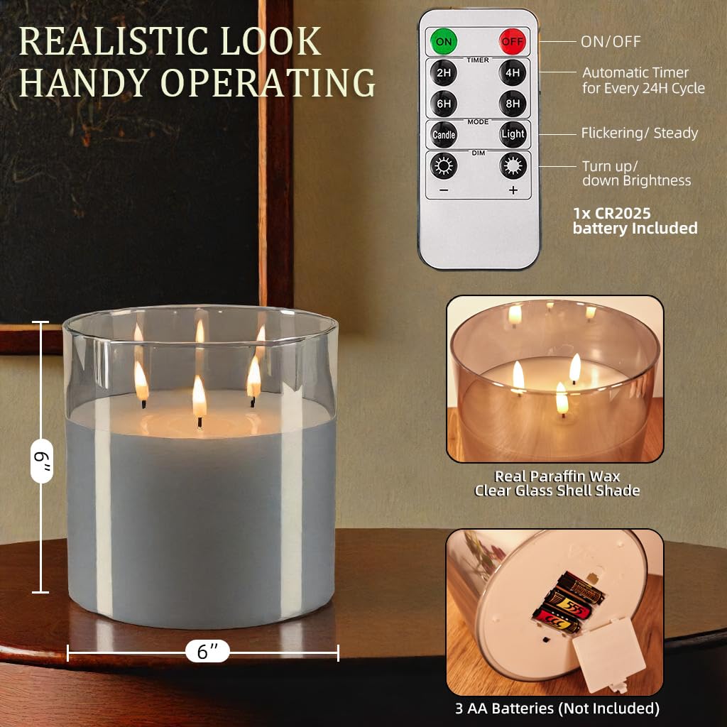 NICEME Extra Large 3 Wick Battery Operated Candle, 6"x6" Big Clear Glass Flameless Candles with Remote, Real Wax Flickering Led Pillar Fake Giant Candle for Wedding Party Holiday Home Decor, Grey