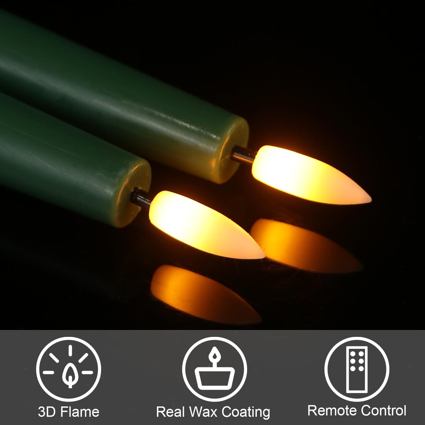 GenSwin Flameless Taper Candles with Remote Timer, Real Wax LED Flickering Candlesticks Battery Operated 3D Wick for Wedding, Party, Home(Christmas Green, 9.84", Set of 2)