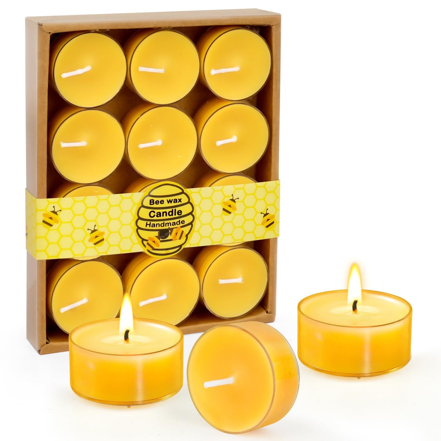 12 Packs Beeswax Tealight Candles, 4-Hour Extended Burn Time, Natural Smokeless Clean Bees Wax Candles, Perfect for Home Deco, Air Purification, Fragrance
