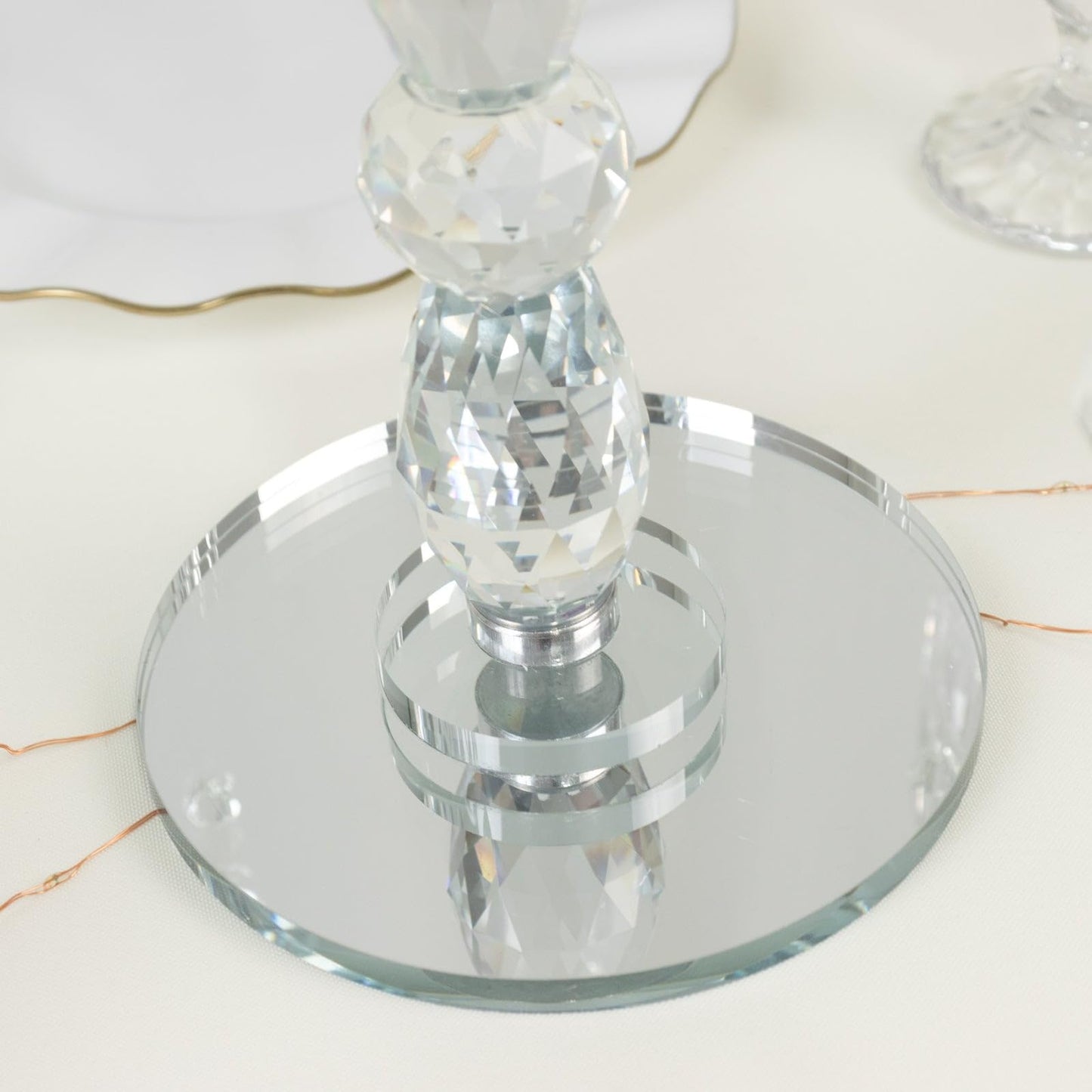 Efavormart Crystal 5-Arm Candelabra Taper Candle Holder with Hanging Prisms & Round Mirror Base – Faceted Cut Glass Design - 14" Tall