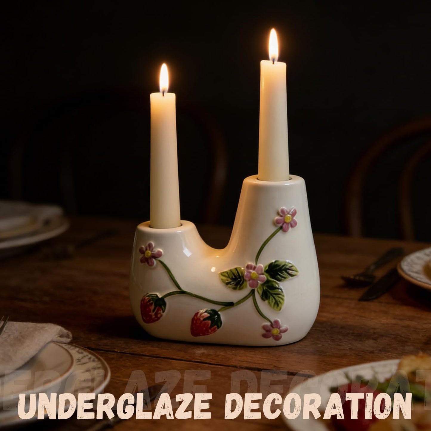 Ceramic Candle Holder Set of 1, Double Tapered Candlestick Holders with Strawberry 3D Relief Design, for Dining Table, Wedding, Home Decor, and Mantelpiece - White