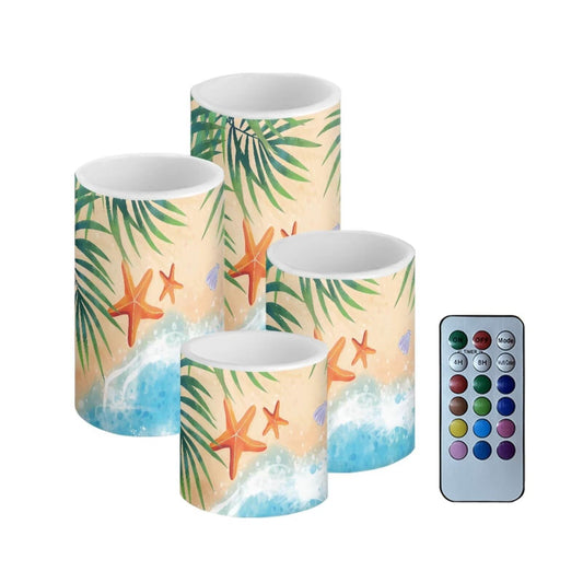 Merkmak Flickering Flameless Candles with Remote Battery Operated Candles with Color Changing Timer Control LED Pillar Tea Lights for Patio Beach Wedding Home Decor, Tropic Palm Leaves Starfish
