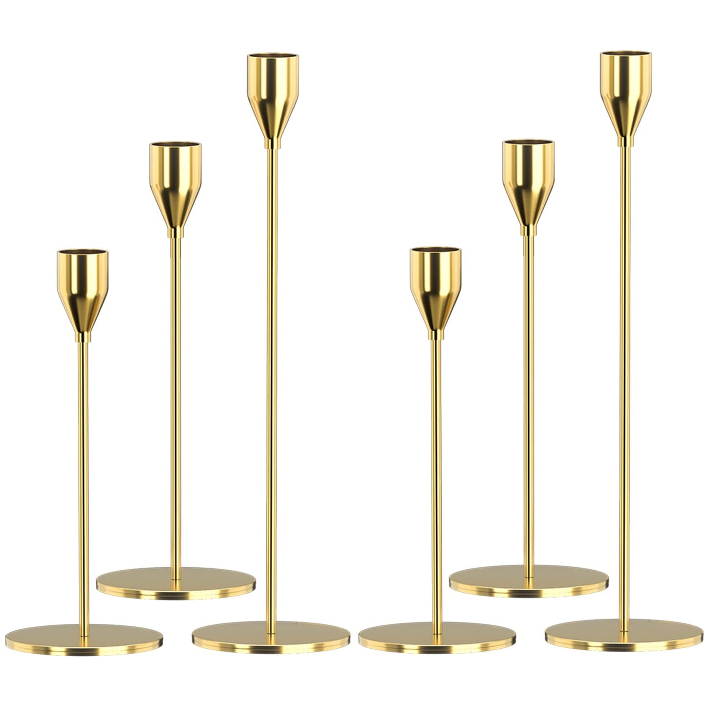 Gold Candle Holders 6Pcs/ 2 Set - Elegant Metal Candlestick Holders for 3/4 InchTaper & LED Candles, Weddings, Parties, Home Decor - Decorative Centerpieces for Table, Mantle, Fireplace