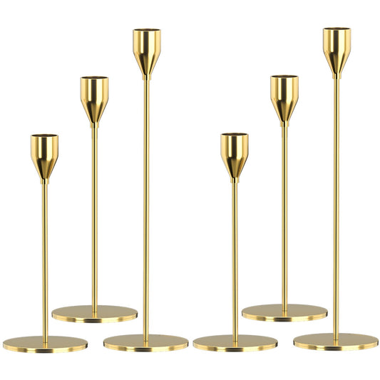 Gold Candle Holders 6Pcs/ 2 Set - Elegant Metal Candlestick Holders for 3/4 InchTaper & LED Candles, Weddings, Parties, Home Decor - Decorative Centerpieces for Table, Mantle, Fireplace