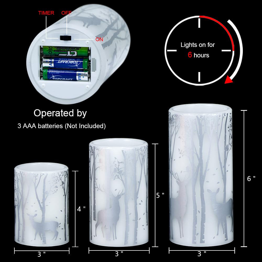 Eldnacele Christmas Flickering Flameless Candles with 6 Hour Timer, Silver Deer Decal Battery Operated Real Wax LED Pillar Candles Home Tabletop Holiday Decor(3Pcs,3×4/5/6 Inches)