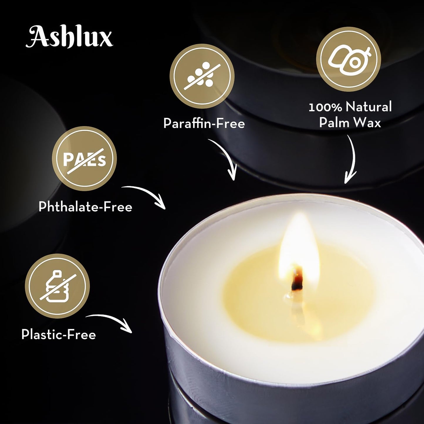 Ashlux Unscented Palm Tea Lights Candles 300 Pack Bulk, 6 Hours Long Burning White Tea Lights,Non-Paraffin, Smokeless, Mini Tealight Candles for Wedding, Christmas Lights, Party, Power Outages