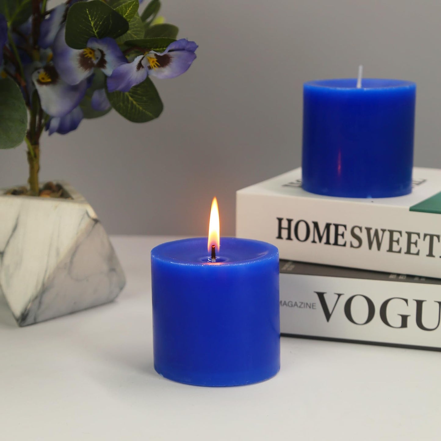 3 Pack Unscented Royal Blue Pillar Candles, 40 Hour 3x3 Inch Dripless Tapered Fat Column Cylinder Candles for Valentine's Day Home Party Holidays