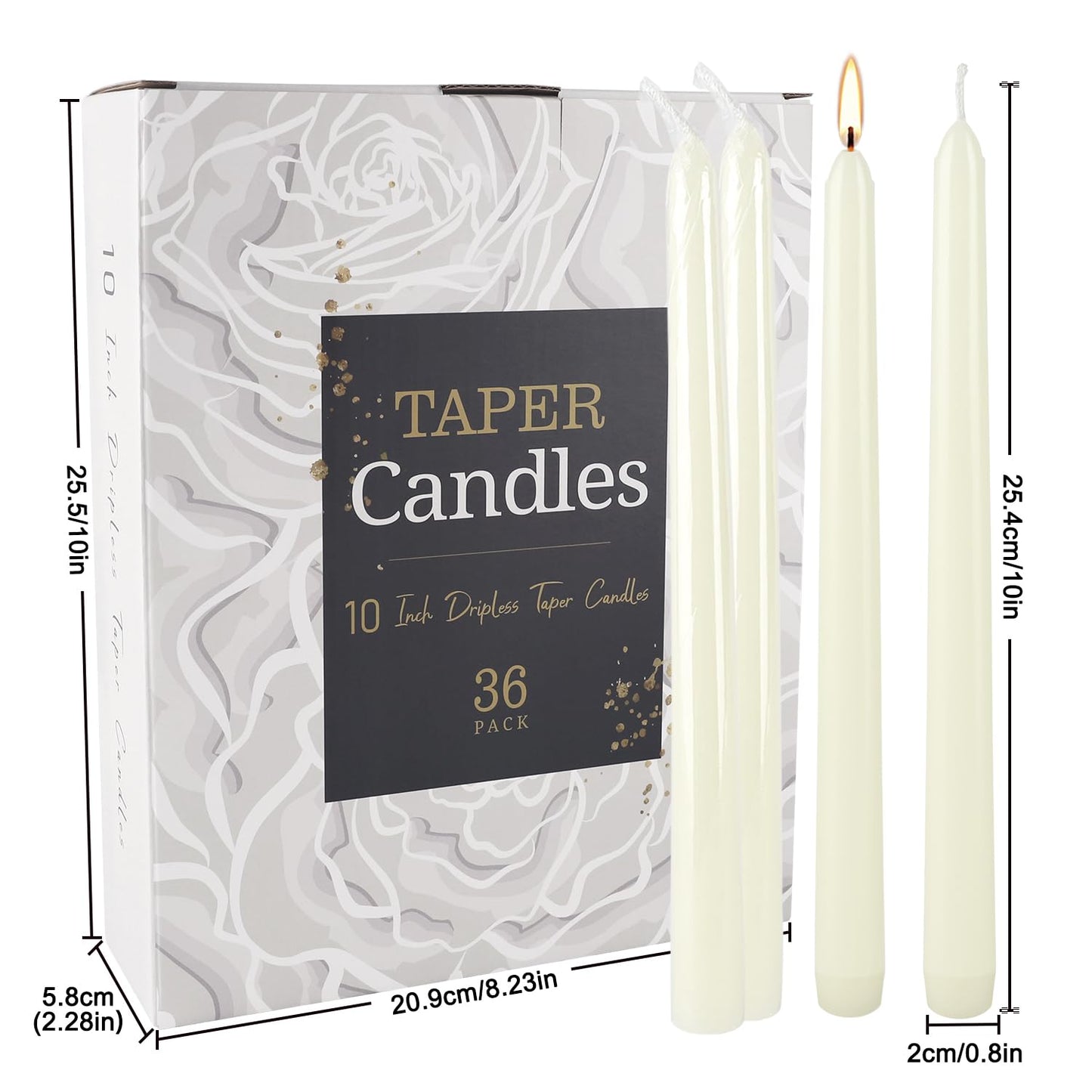 36 Pack Ivory Taper Candles 10 inch(H) Dripless, Smokeless & Unscented - Long Burning Time - Hand Poured Tall Candlesticks - Ideal for Restaurant,Weddings, Dinner Parties, and Home Decor