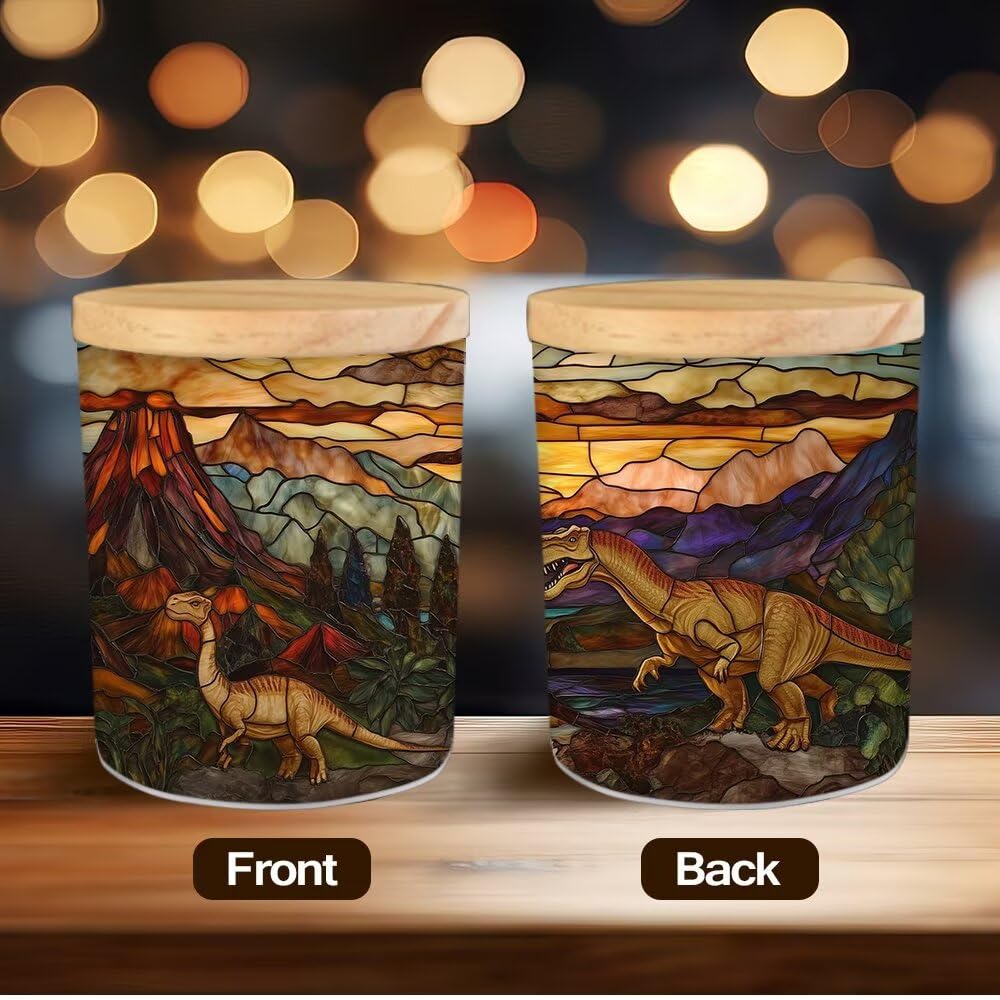 Stained Glass Dinosaur Tea Light Candle Holders, Volcanic Landscape Tealight Candle Holder Jar with Wooden Lid, Votive Candlesticks for Table Centerpieces, Christmas,Birthday Party,Home Decor