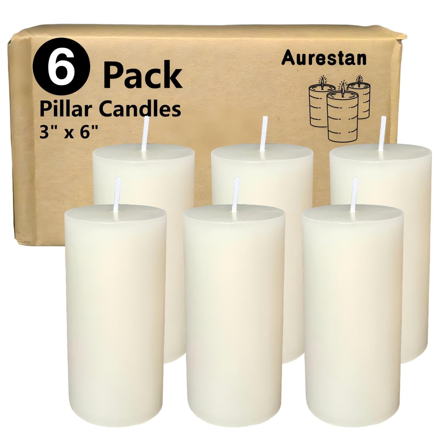 Aurestan 6 Pack Unscented Pillar Candles, 3x6 Inch Classic Ivory White, 60-Hour Burning Smokeless Candles for Wedding Decorations, Centerpieces, Emergency Kit, Dinner, Home Gatherings & SPA