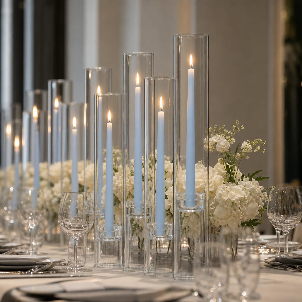 yummi Set of 12 Taper Candles, Chimney and Taper Holders - Ice Blue