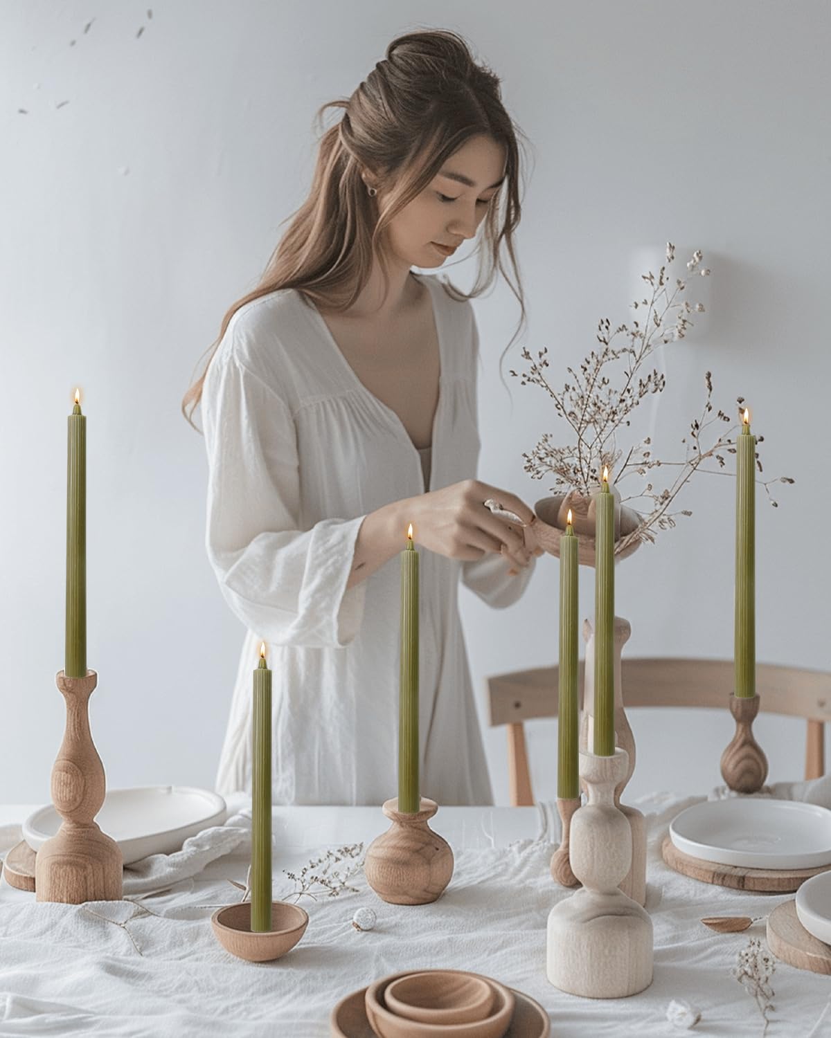 Olive Taper Candles Tall Tapered Candlesticks Set of 12 Unscented Dripless Smokeless Long Wedding Advent Home Decor Dinner Christmas-Natural Color Series-10.6 Inch