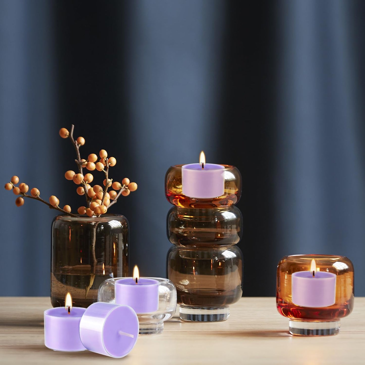 Wfmolcand 50 Pack Bulk Lavender Scented Tealight Candles in Clear Cup, Purple Wax Votive Candle for Birthdays Weddings Churches Anniversaries & More（8 Hour）