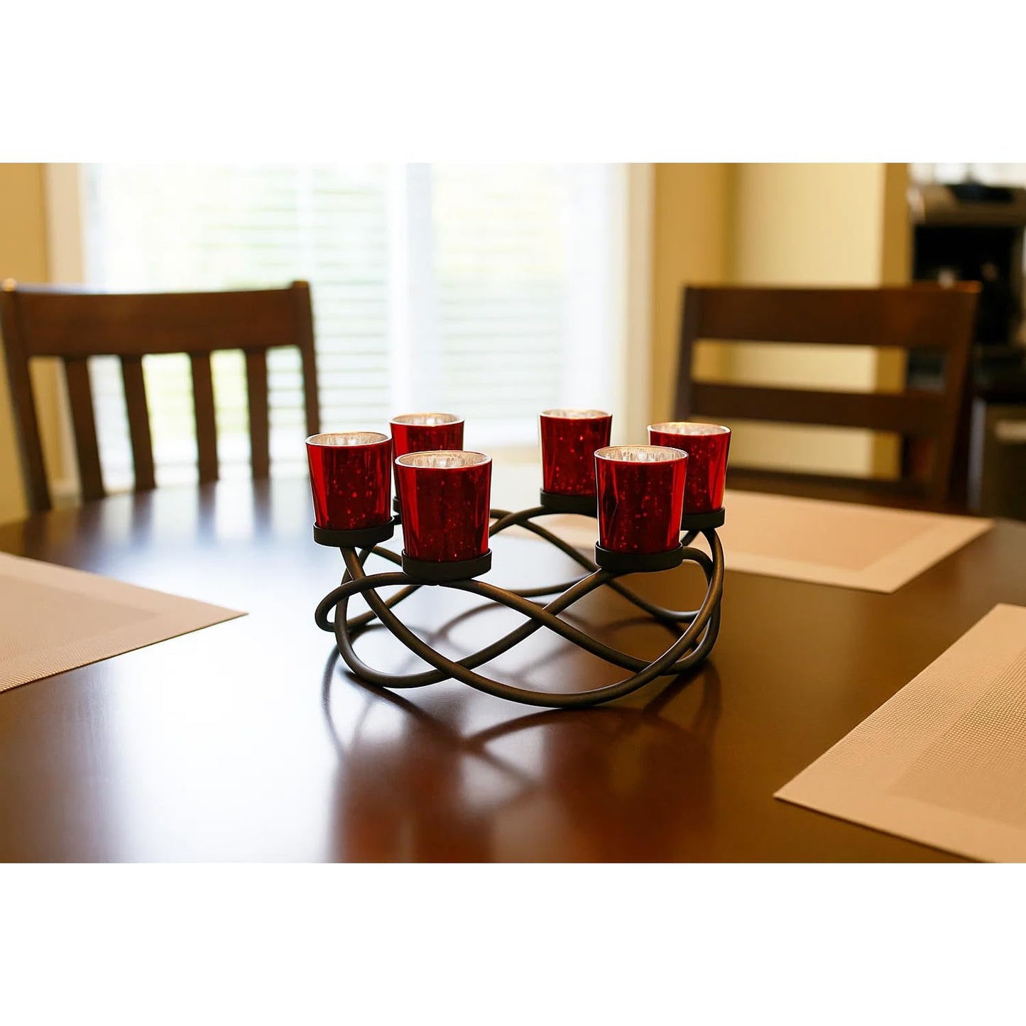 Seraphic Centerpieces for Table Decorations - Round Candle Holders for Outdoor Patio, Dining, Kitchen, Coffee & Wedding Table Decor, Black Iron Candelabra, 6 Red Glass Votive Tealight Cups