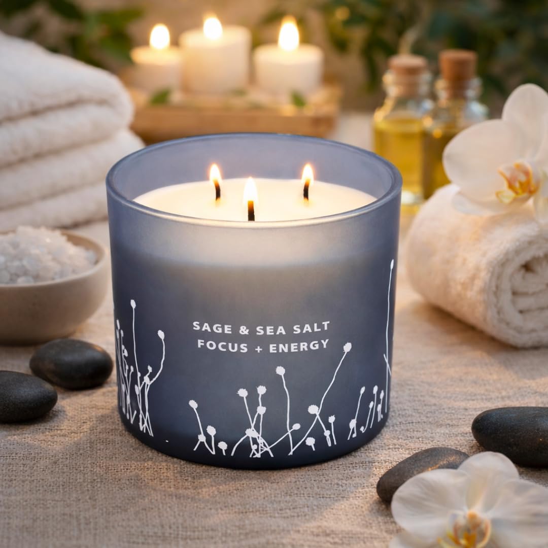 White Sage Sea Salt 3 Wick Candle - Large Soy Scented Candle 14.5 oz - Sage Candle for Cleansing House - Aromatherapy Energy Cleansing Candle for Home, Stress Relief, Women & Men