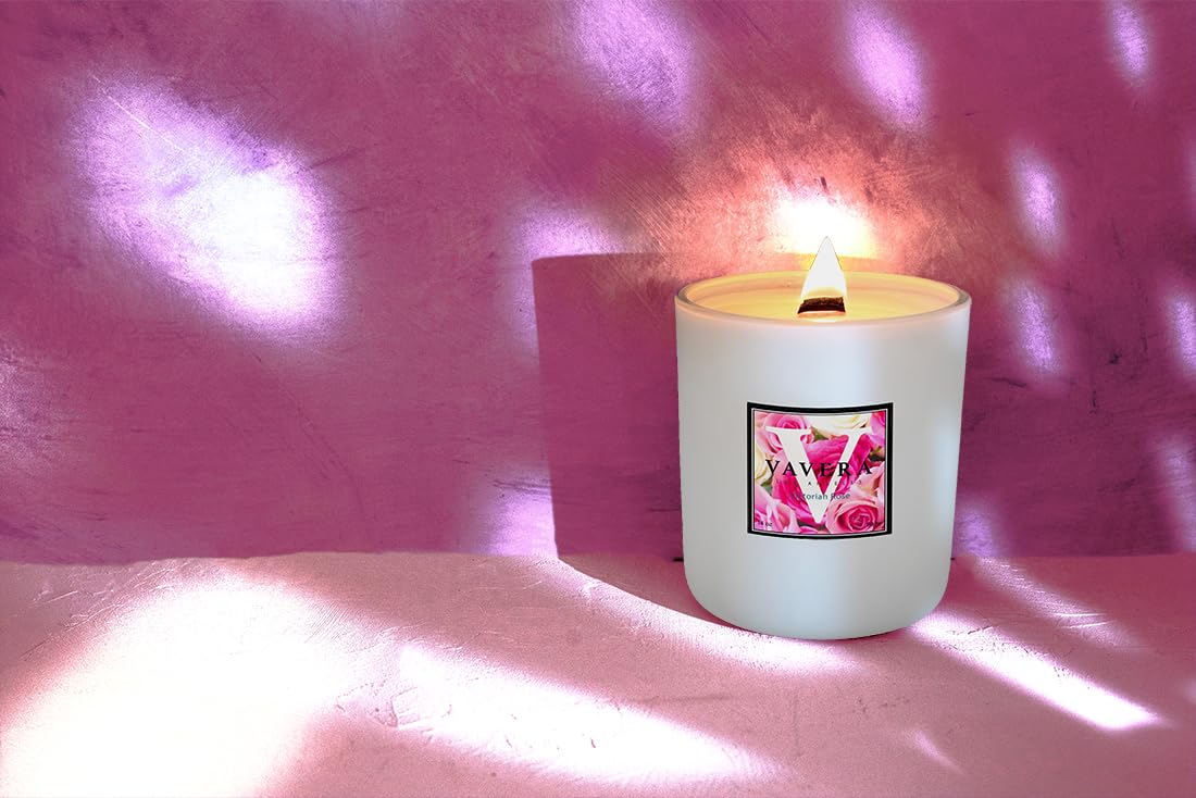 VAVERA Rose Wood Wick Candles that Crackle. Vegan Soy Candle (11oz/Matte White w/Lid) Classic, Rich, Roses Scented Candle. Great Gifts for Mom, Wife, or Girlfriend. Hand-Crafted in USA.