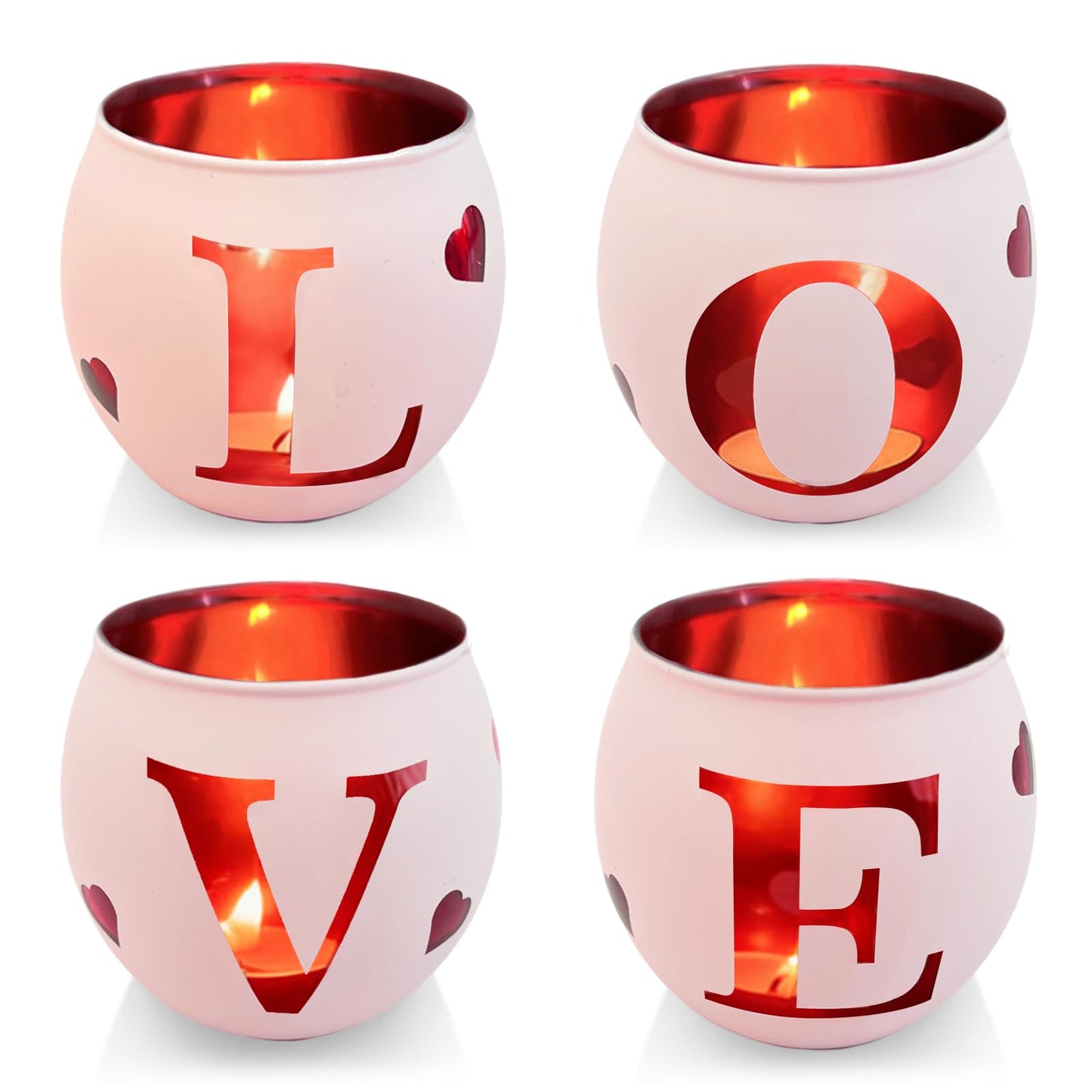 Love Glass Tea Light Candle Holders, Votive Tealight Holder Table, Love Centerpiece Decorations for Wedding Valentines Anniversary Party Decor (Pink-4)