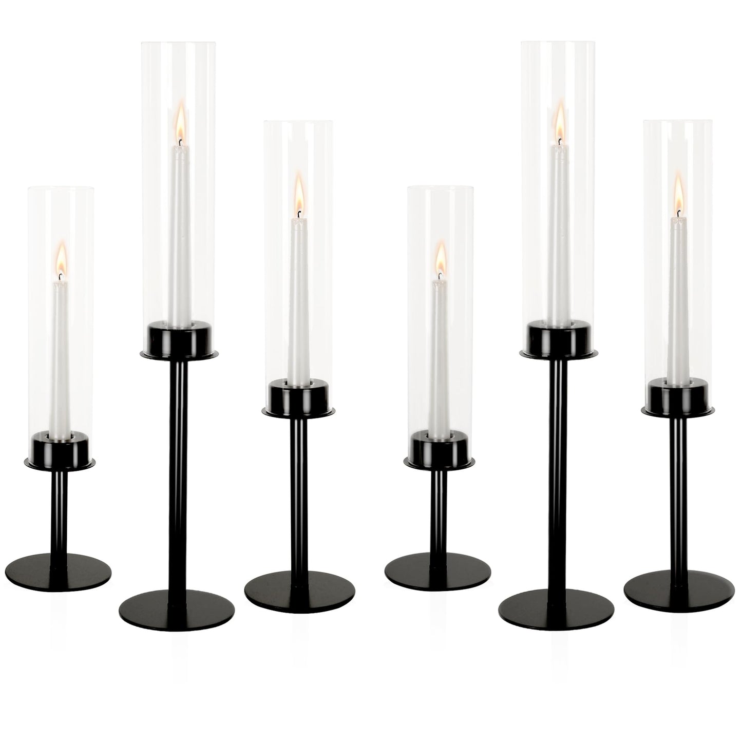 Ronasip Hurricane Candle Holders Set of 6 Metal Candlestick Holder for Glass Taper Tall Candle Holders with Crystal Chimney Tube Candles Stands for Home Decor, Christmas, Dinning (6, Black)