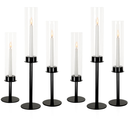 Ronasip Hurricane Candle Holders Set of 6 Metal Candlestick Holder for Glass Taper Tall Candle Holders with Crystal Chimney Tube Candles Stands for Home Decor, Christmas, Dinning (6, Black)