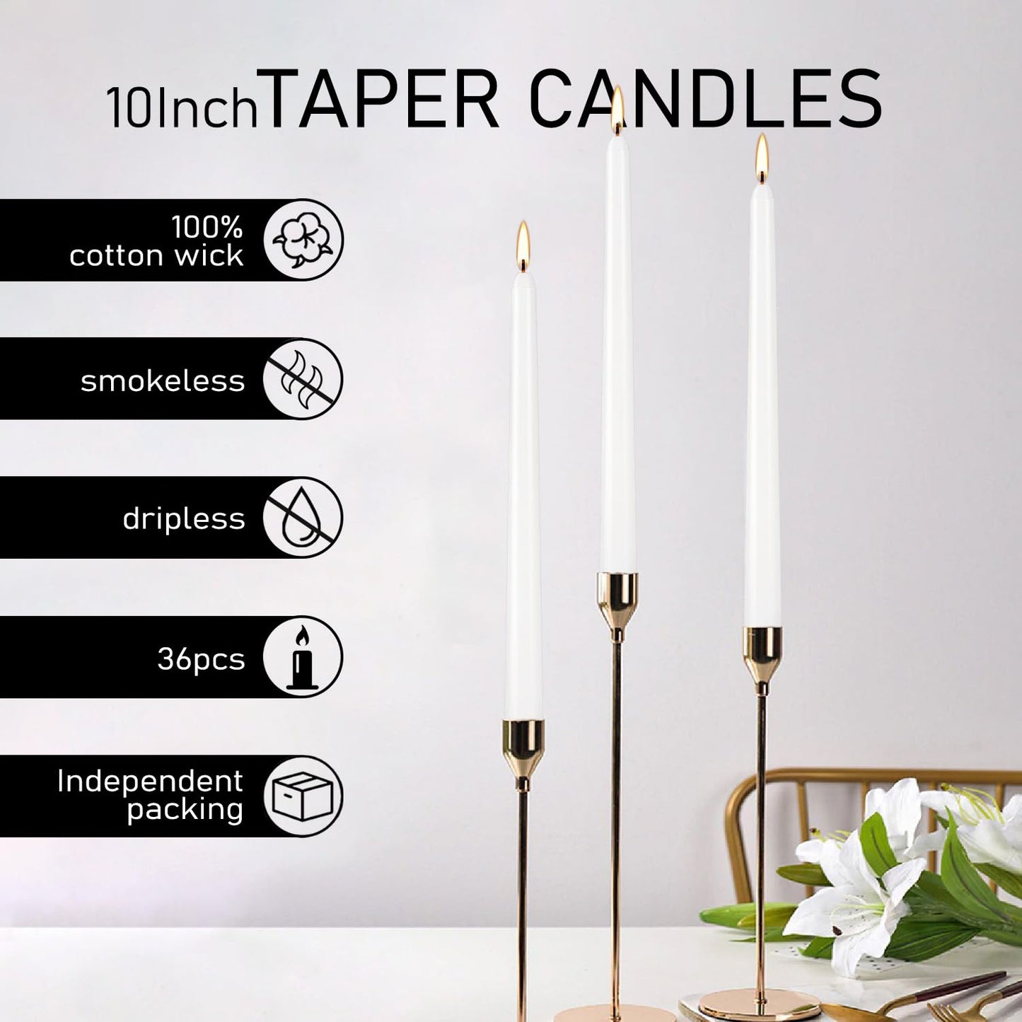 Grcdoyvl 36 Pack White Taper Candles 10 Inch - Premium Unscented Dripless & Smokeless Long-Burning Candles for Wedding Decor, Fine Dining, Candelabras, Romantic Dinner, and Elegant Home Decor