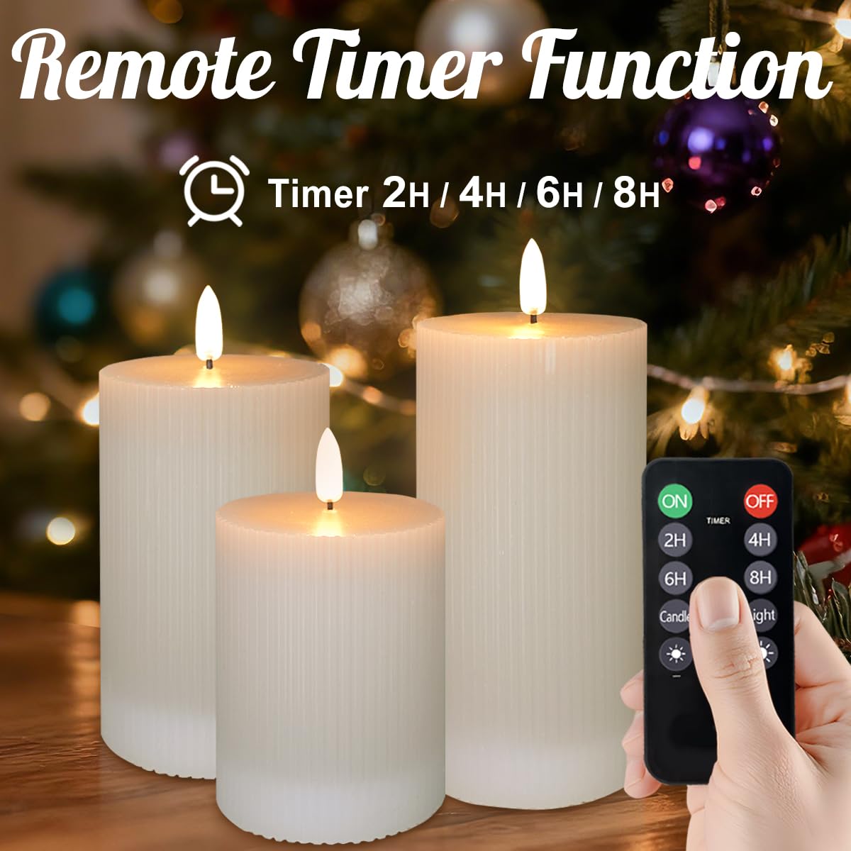 NICE POINT Rechargeable Flameless LED Pillar Candles–Luminous Real Wax Indoor Home Decor–Set of 3, Realistic Flickering LED Flame,Remote & Timer(Light Khaki)