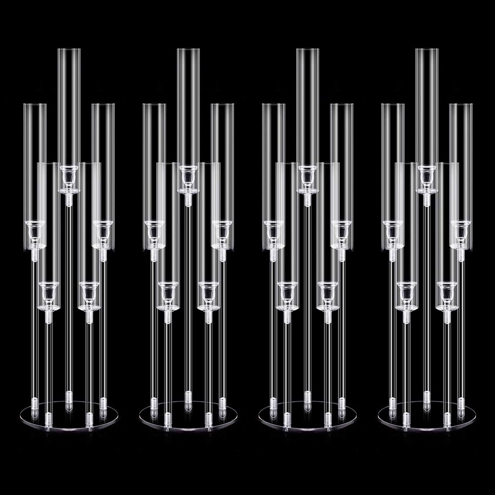 DIWNELEM 4Pcs Acrylic Candelabra Centerpieces for Wedding 5 Arm Clear Candle Candlesticks Holders 25.5" Tall Crystal Taper Candlestick with Shade Fit 0.87'' Led Candle for Christmas Party Home Decor