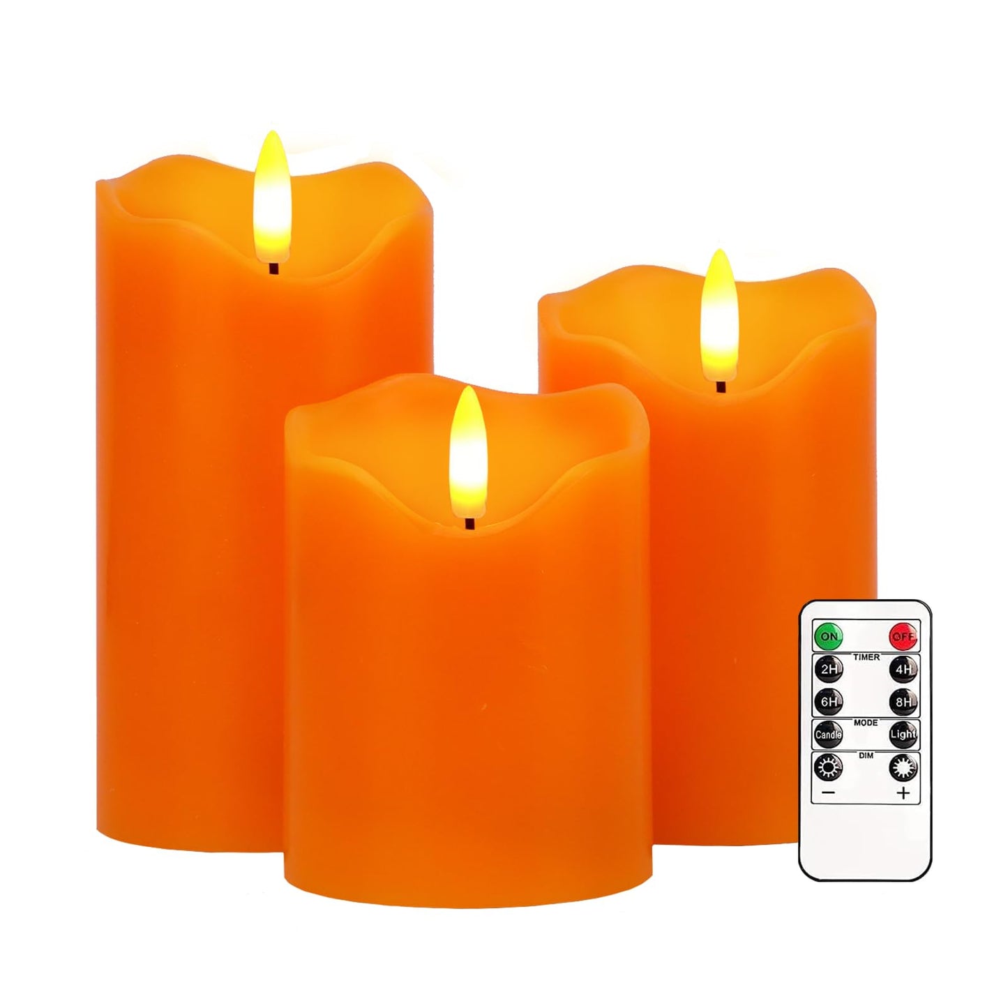 Flameless Candles Lights, Set of 3 Orange Flickering LED Candles with Remote & Timer, Dimmable LED Pillar Candles Battery Operated, Electric Candles for Fall Halloween Thanksgiving Decor (Orange)