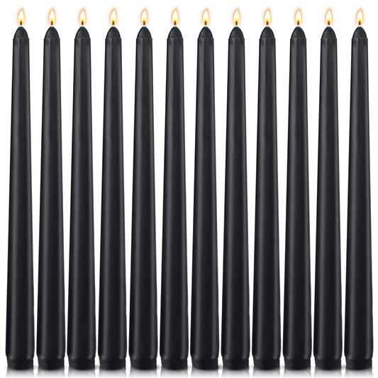 12-Pack Black Taper Candles, 10 Inch Unscented Dripless Candlesticks, Long-Lasting Burn Time of 7-8 Hours, Perfect for Halloween Decor Parties Meditation and Home Ambiance