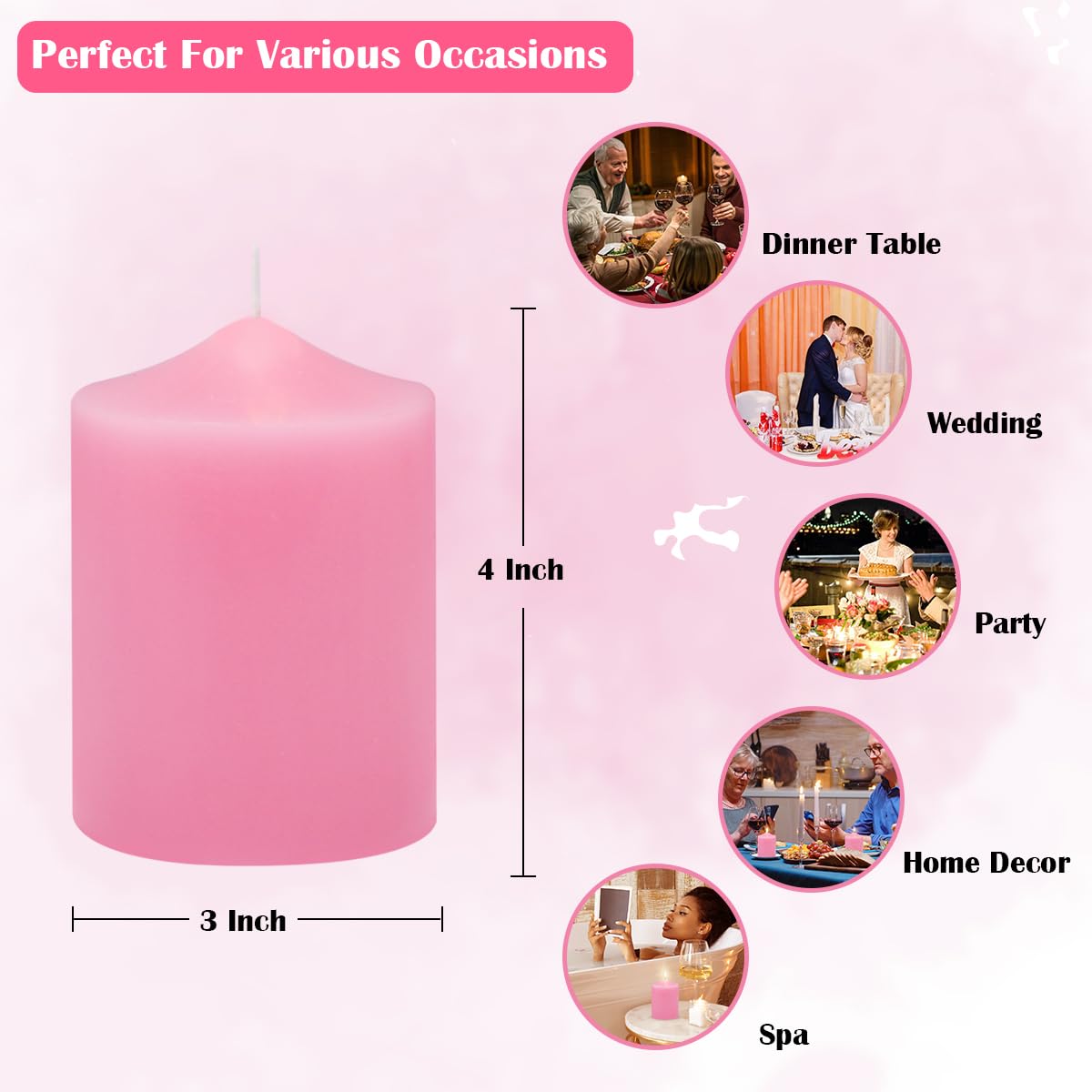 Unscented Pink Pillar Candles, 45 Hour 3x4 Inch Dripless Tapered Fat Column Cylinder Candles for Valentine's Day Home Party Holidays, 3 Packs