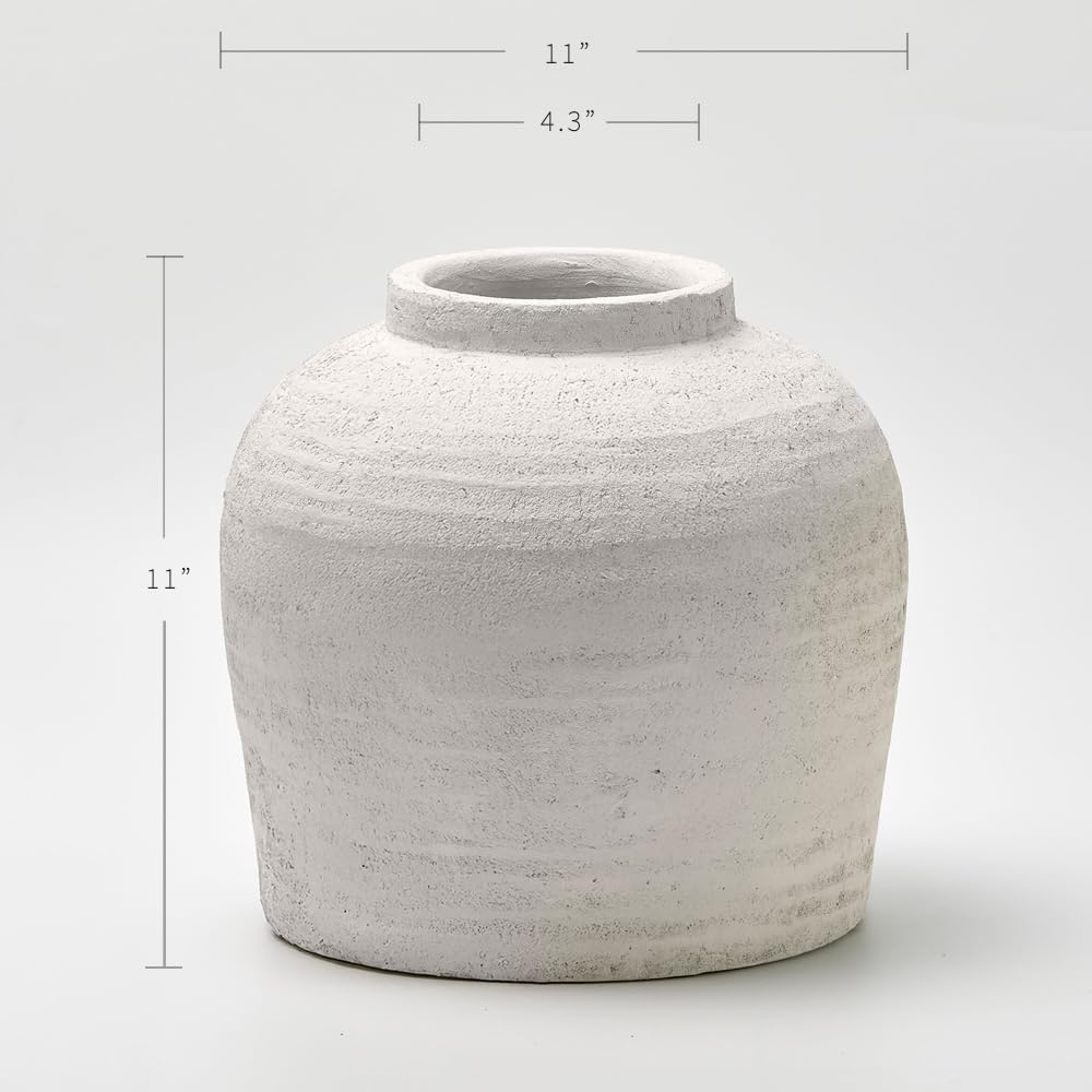 LB2 White Ceramic Large Vase, 11" Tall Zen Style, Terra Cotta Pitcher, Distressed Farmhouse Decor, Pottery Decorative Flower for Home Decor (B - White 11")