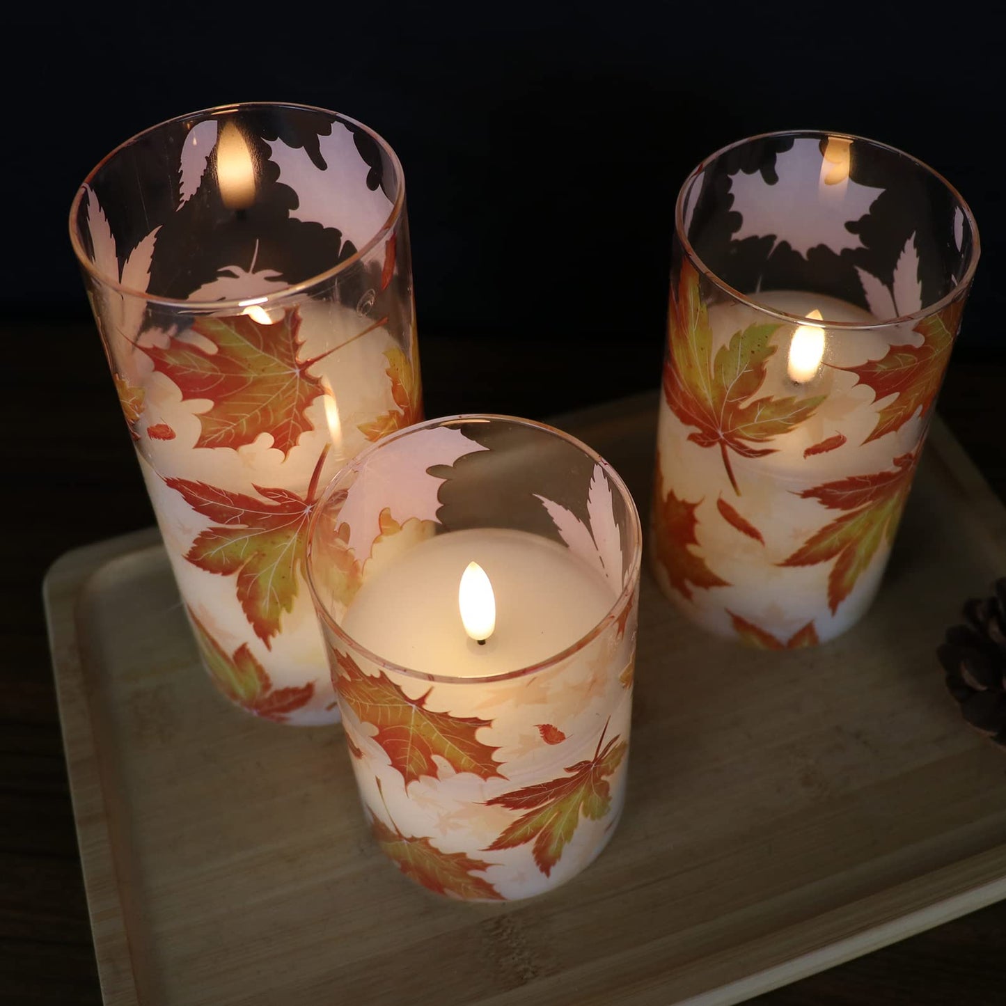 GenSwin Glass Maple Leaf Flameless Candles with Remote Timers, Battery Operated LED Flickering Candles, Real Wax Pillar Candles Christmas Wedding Decoration