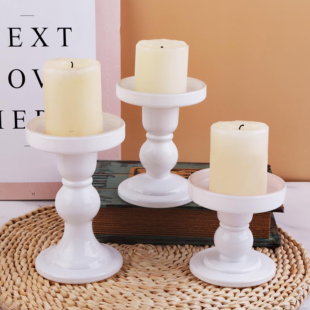 BTGLLAS 6-Piece Set of White Glass Candlestick, Crystal Candlestick Holder Holder and Conical Candle, Christmas Candle Holder Decoration, Family Living Room Wedding Candle Holder (white2sets)