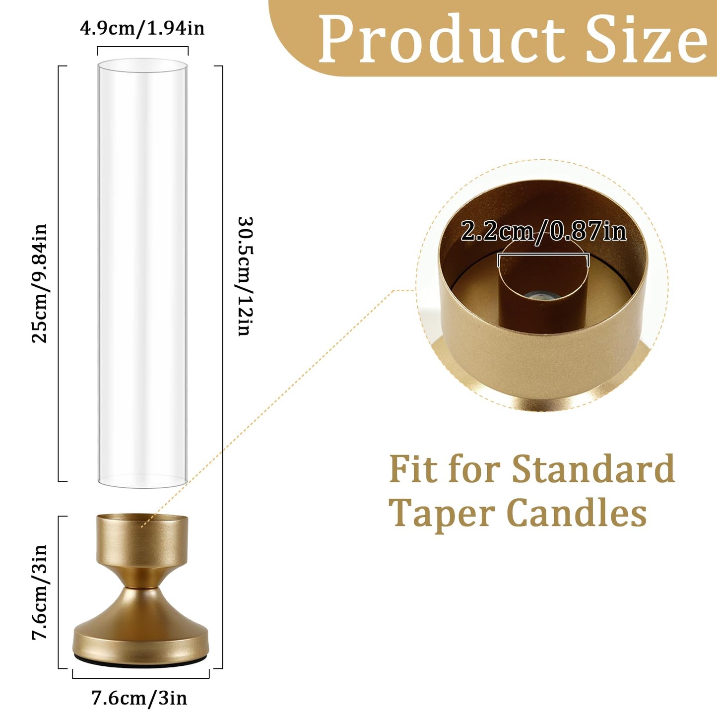Hurricane Glass Candle Holders, Set of 10 Metal Taper Candlesrick Holders for Centerpieces Tall Gold Candle Stands Bulk with Glass Cylinder for Wedding Birthday Party Table Decor