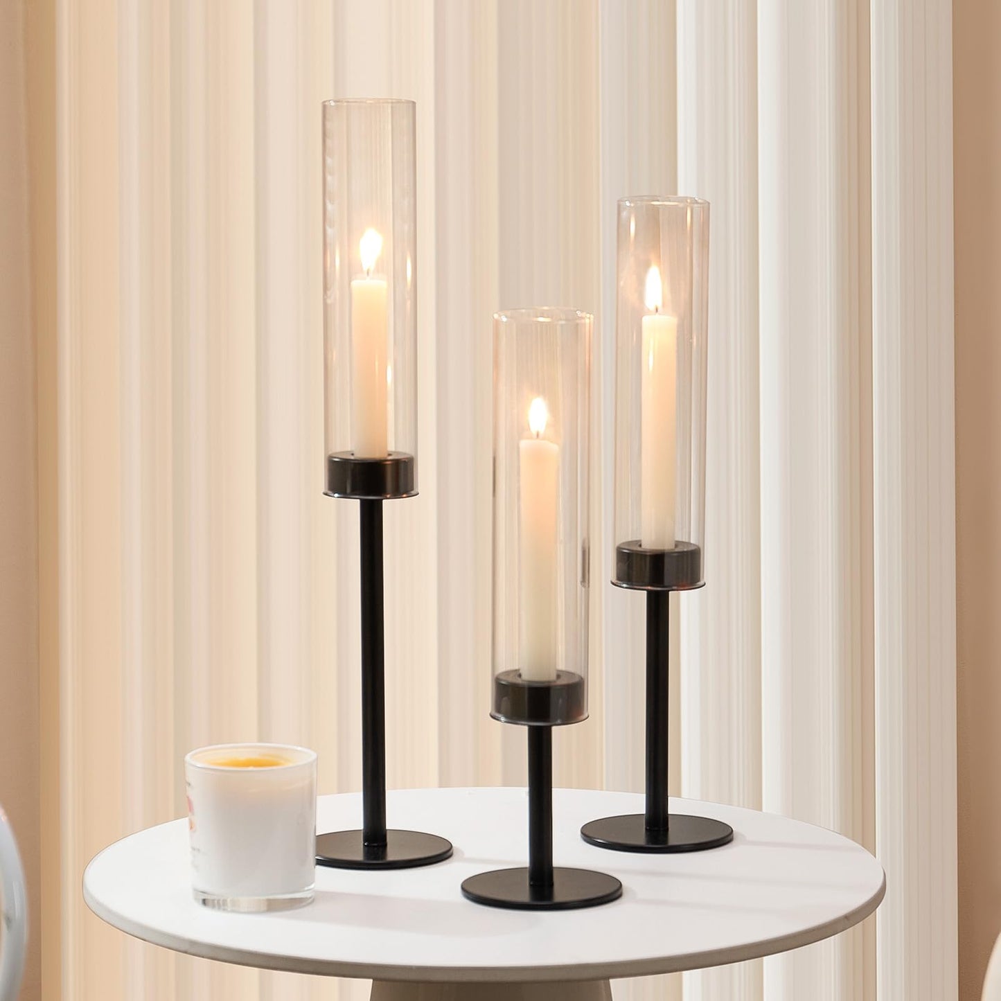 Black Hurricane Glass Candle Holders Set of 6, Tall Metal Taper Candle Stick Holder, Clear Candlestick Holders, Table Centerpieces Decor for Dining Dinner, Weddings, Christmas Fireplace Decorations