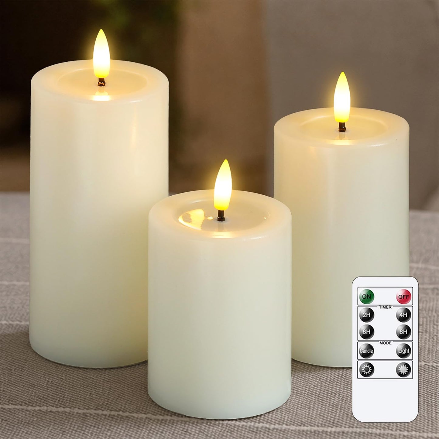 Yeelida Remote Flameless Flickering Pillar Candles with Candle Grease Effect,Pack of 3 Ivory LED Battery Oprated 2/4/6/8 Hours Timer Real Wax Electric Candles(3x4,5,6 Inches)