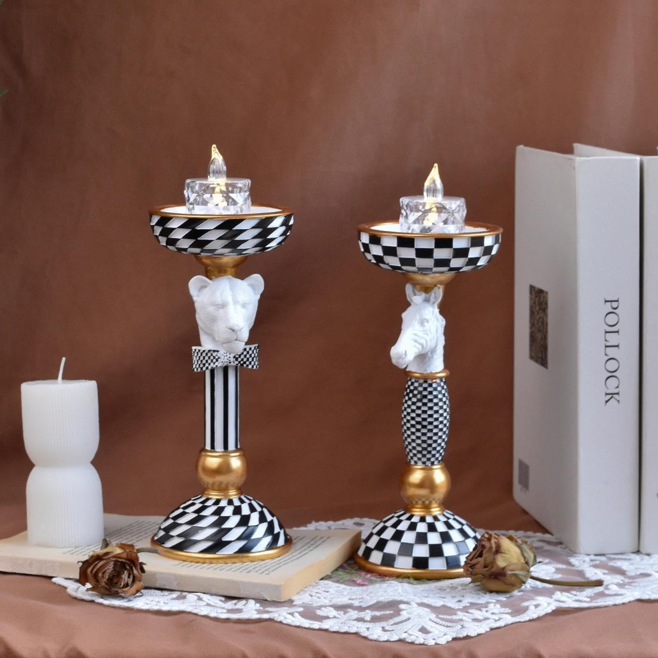 Crowned Animal Candlestick Holder Black & White Checkerboard Taper Candle Holder with Gold Accents Eclectic Resin Statue for Modern Home Decor, Table Centerpiece
