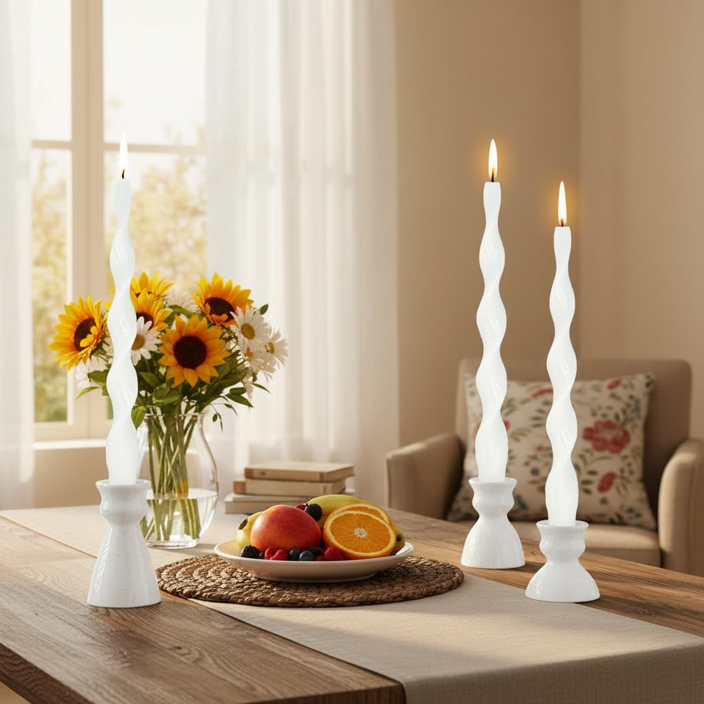White Thin Twisted Candle Sticks 10 inch Long Spiral Candles Unscented Smokeless Twirl Tapered Candles for Weddings Holiday Dinner Meditation Home Decor Pastoral Rural Style