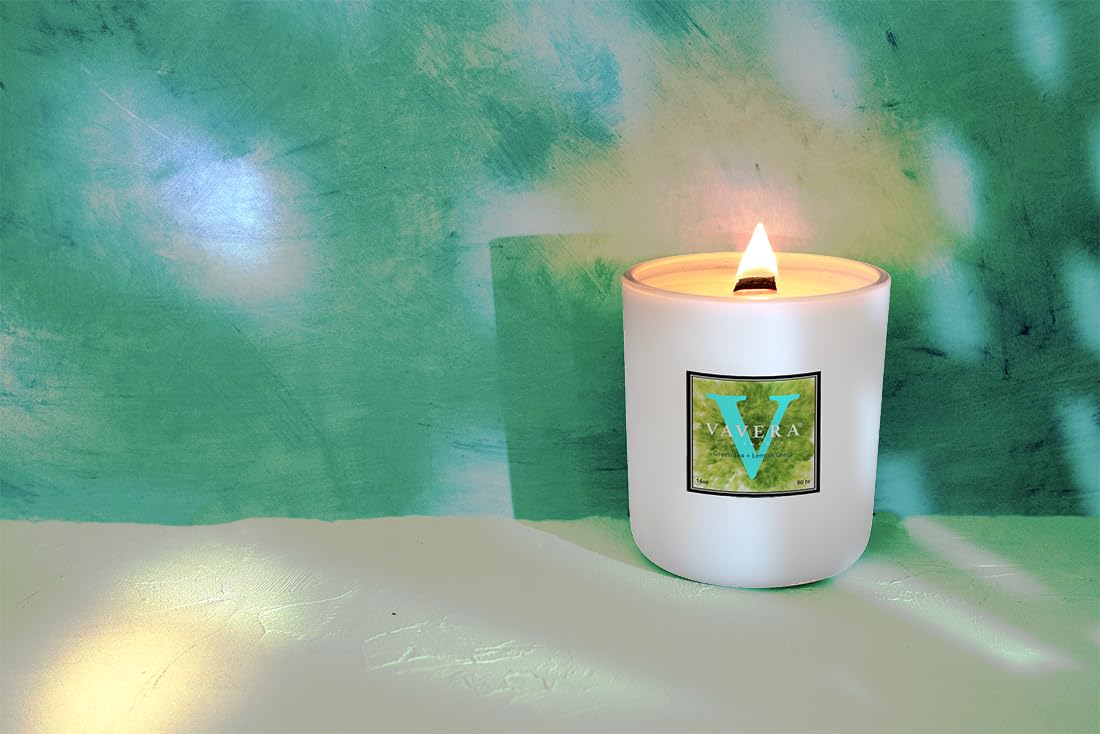 VAVERA Green Tea + Lemon Grass Wood Wick Candles that Crackle (14oz/Matte Soy Candle). an Amazing Spa Fragrance. Amazing Christmas Gift. Vegan, Non Toxic Hand-Crafted in USA.