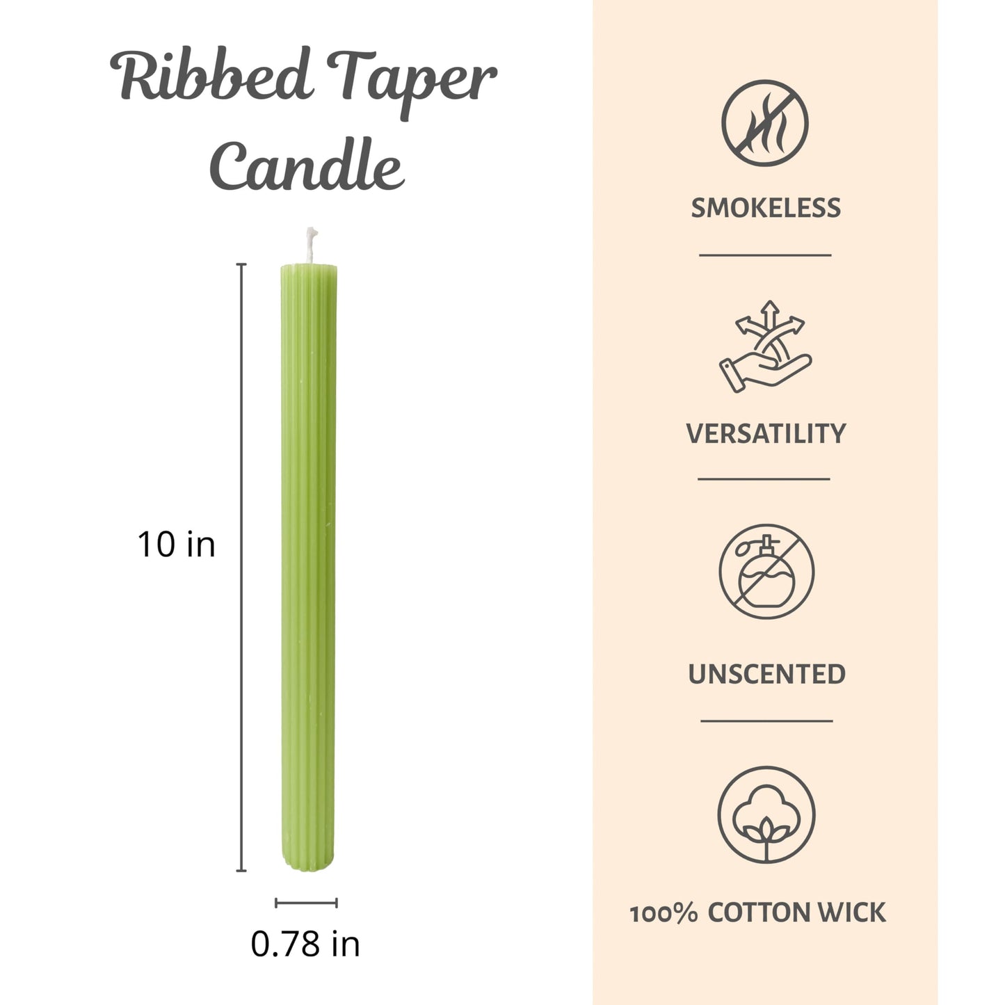 Ribbed Taper Candles 0.78x10 Inch 10 Pack Light Green – CW Studio Unscented Fluted Design, Up to 11 Hour Burn, Smokeless Dripless Hand-Poured Wax